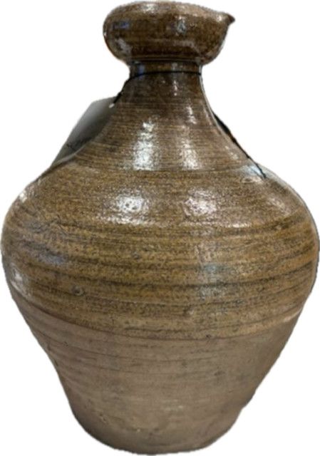 Vase Jug Ceramic Glazed Raised  Bands With Spout Army Green