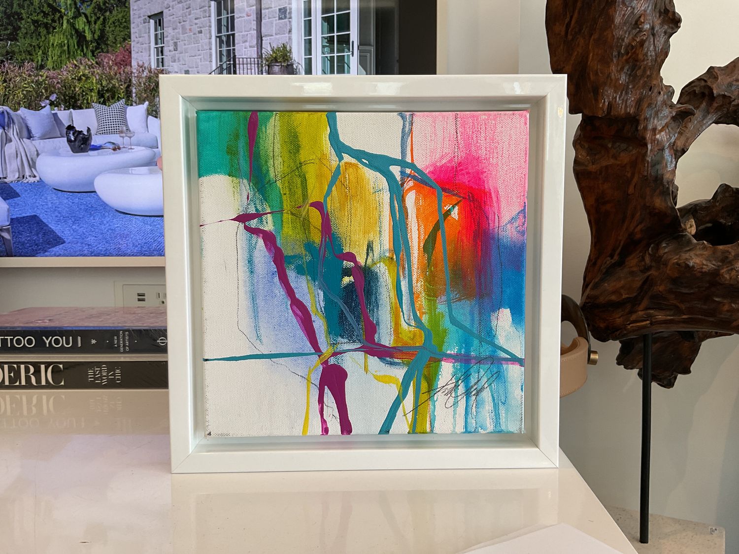 Original Art by Kelly O'Neal, Abstract Mixed Media on Canvas, Wh Lacquer Frame, 11.5" x 11.5"