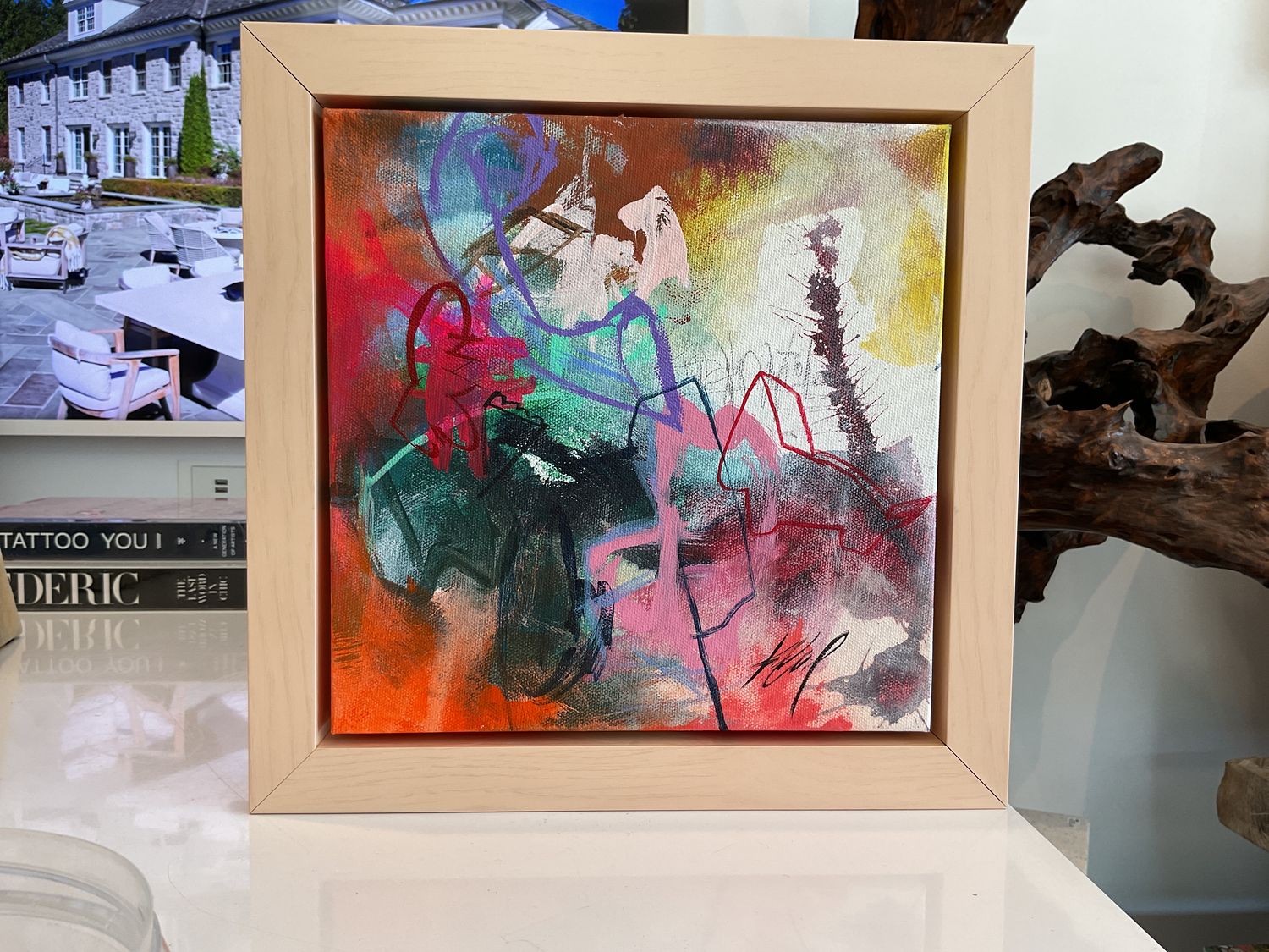 Original Art by Kelly O'Neal, Abstract Mixed Media on Canvas, Natural Wood Frame, 12" x 12"