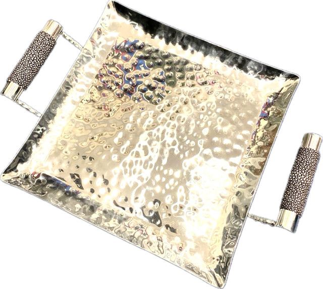 Serving Tray - Hand Forged Stainless with Grey Shagreen Handles , Square 12"  x 12"