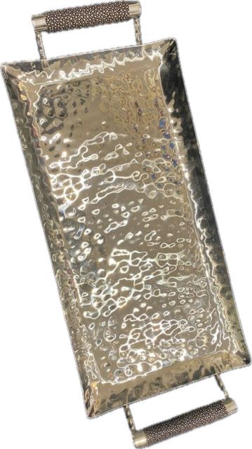 Serving Tray - Hand Forged Stainless with Shagreen Handles, Rectangle, 16 " x 8"