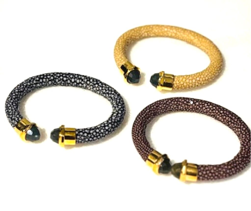 SOLD Genuine Shagreen Cuff Bracelet w/ Faceted Labradorite  Latte