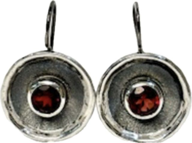 Earrings Garnet Center 1 ct Each Sterling Oxidized Disc