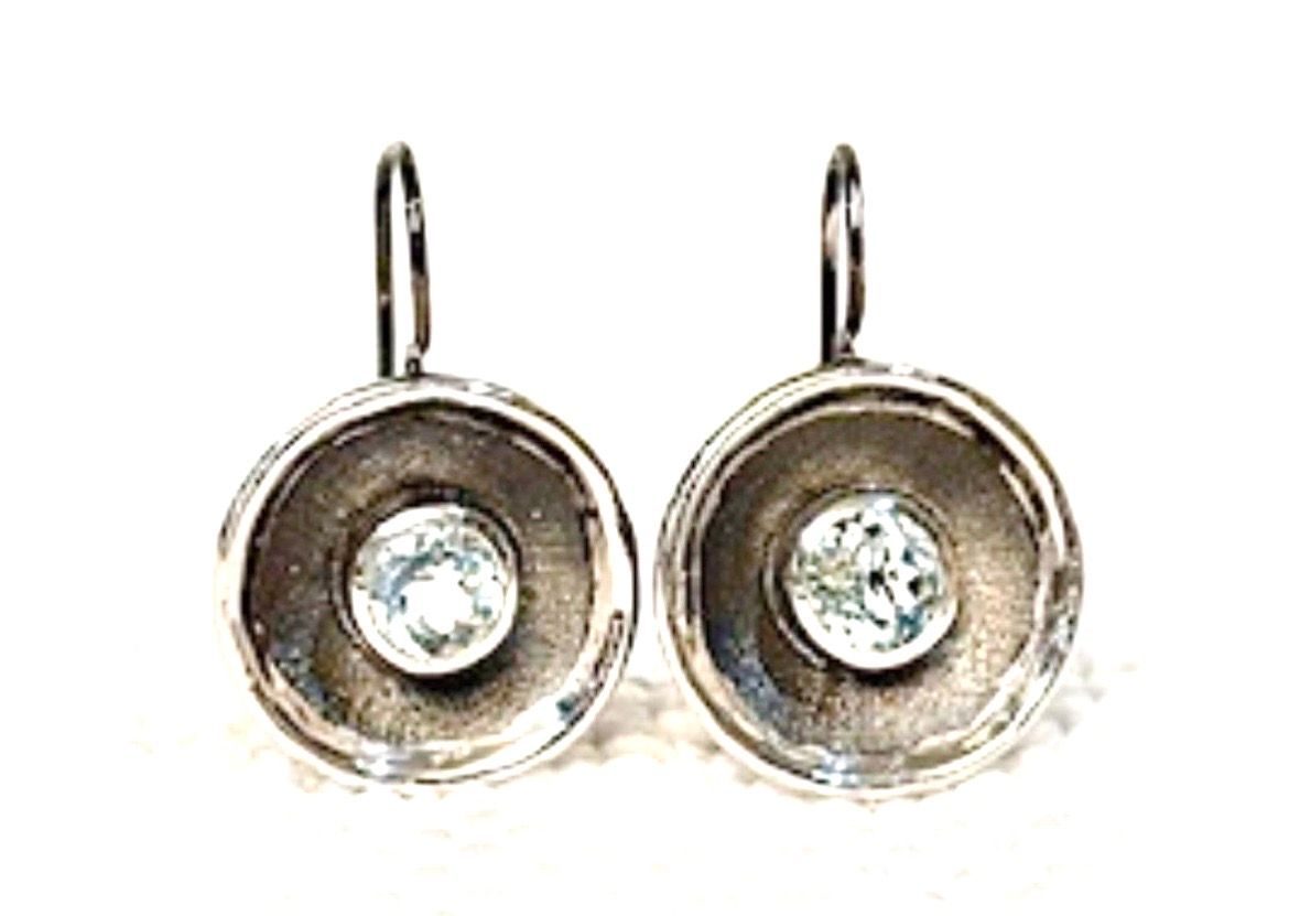 Earrings 2 ctw Aquamarine, Sterling Oxidized Disc