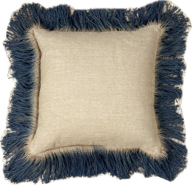 >Pillow, Natural Linen with Blue Ombre Fringe, 20" x 20"