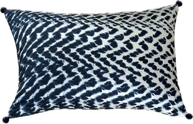 >Pillow, Silk Indigo Blue &amp; White with Corner PomPoms, 16" x 24"