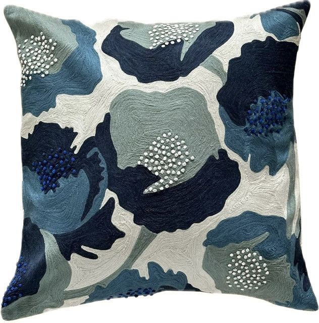 >Pillow, Embroidered Blue &amp; Green Botanical Pattern with French Knots, 22" x 22"