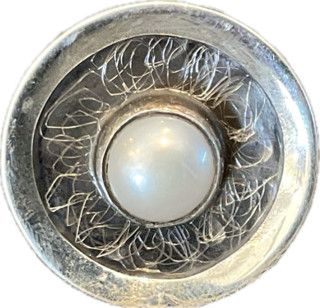 Ring Sterling Oxidized Disc w/ Pearl Adjustable