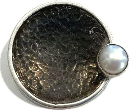 Sterling Silver Round Disk Pendant with Off-centered Freshwater Pearl, Oxidized