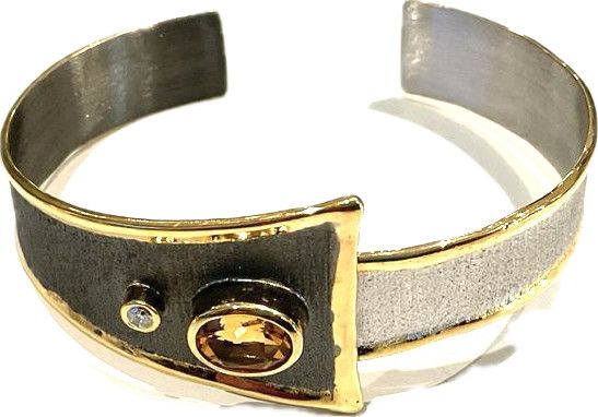 Cuff, Handmade Two-Tone Silver &amp; Gold Cuff Bracelet with 1.75 CT Citrine and Diamond, Buckle