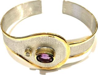 Silver &amp; 24K YG Overlay Cuff 1.75 ctw Oval Amethyst w/ Diamond Round Buckle