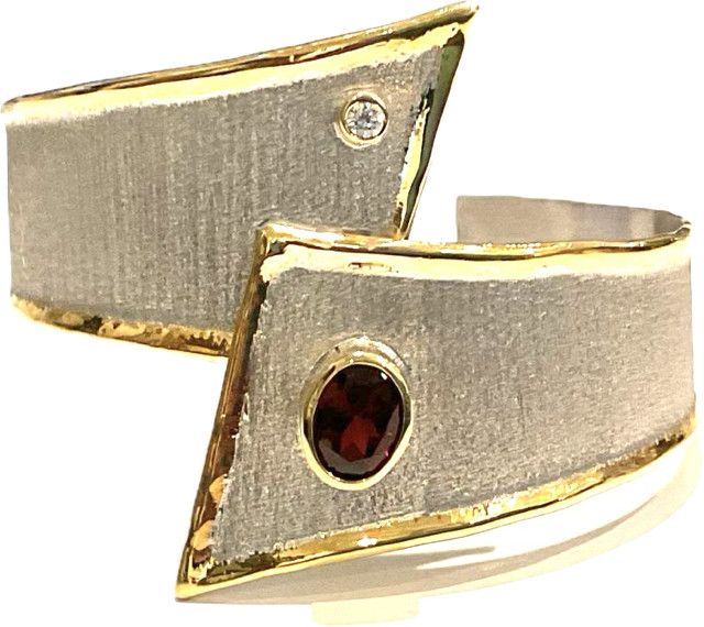 Cuff Garnet 1.75 Diamond 0.3 Sterling &amp; 24k YG Overlay Asymmetric