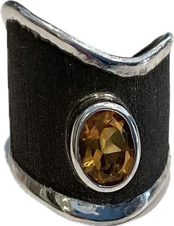 Ring Citrine 1.75 Sterling Oxidized Wave Adjustable