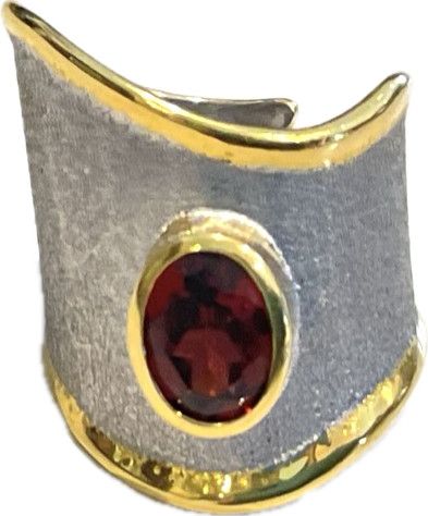 Ring,  Adjustable Garnet 1.75 Wave Sterling Brushed &amp; 24k YG Overlay