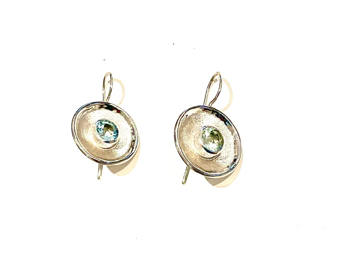 Earrings Aquamarine Center 1 ct Each Sterling Brushed Disc