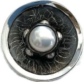 Pendant, Sterling Silver Round Oxidized Disk with Center Pearl