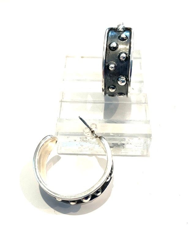 Earrings, Sterling Oxidized Silver Hoop with Dots