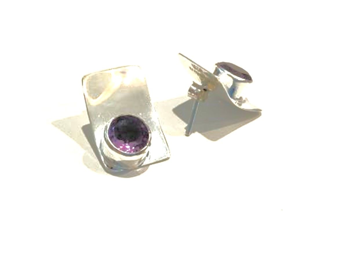 Earrings, Sterling Rectangle Post with Round Amethyst