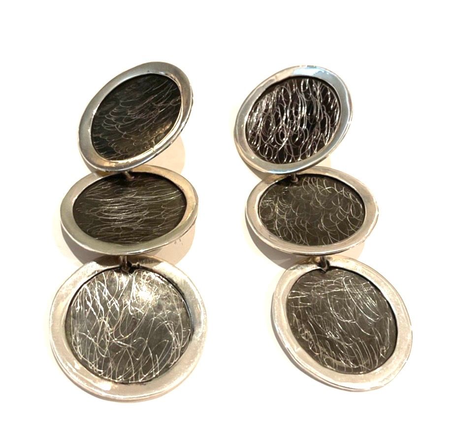 Earrings, Oxidized Sterling Triple Disk, Post,3”