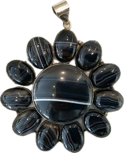 Pendant, Large Black Agate Flower Shape Statement Piece
