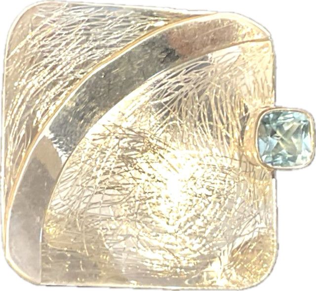 Pendant Large Sterling Brushed Concave Square w/ Blue Topaz