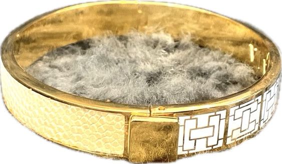 Bracelet, Genuine Shagreen &amp; Enamel Yellow Gold Plated Bangle, Pale Yellow &amp; White