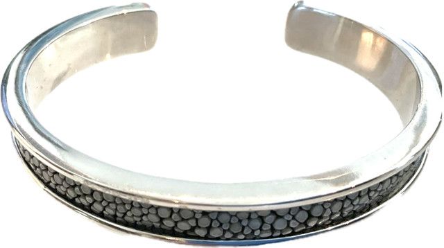 Bracelet, Genuine Shagreen &amp; White Gold Plated Cuff, Gray