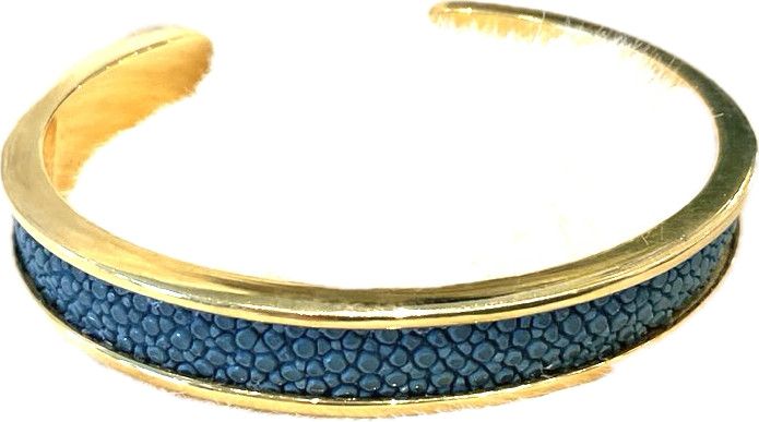 Bracelet, Genuine Shagreen  &amp; Yellow Gold Plated Cuff, Blue