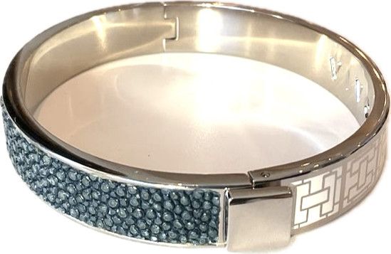 Bracelet, Genuine Shagreen &amp; Enamel White Gold Plated Bangle, Navy &amp; White