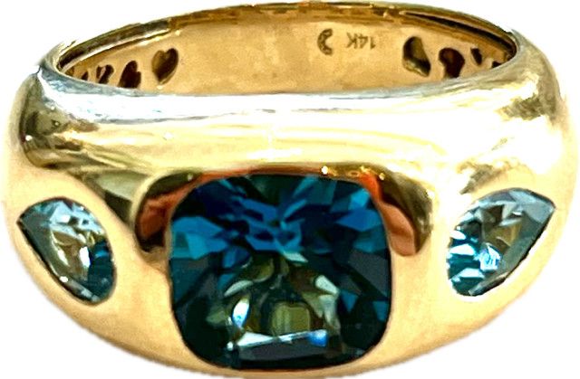 Ring, Sz 6.5 Gypsy Set 3 Stone Blue Topaz in 14k, 3.16 tcw