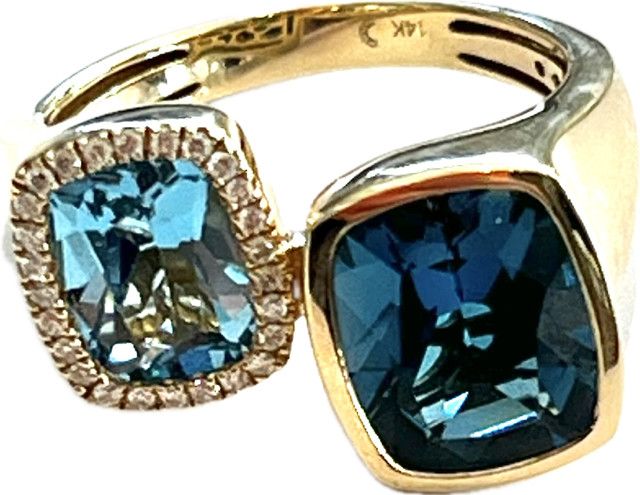 Ring, Sz 7 London and Swiss Blue Topaz Moi et Toi diamond halo, 4.82 ct, .16 ctw 14k