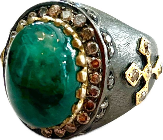 Ring, Sz 6.5 Emerald Cabochon Rosecut Diamonds 14k &amp; Sterling