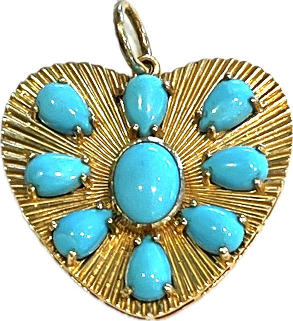 Pendant, 14K Heart with Turquoise Stones, 1"