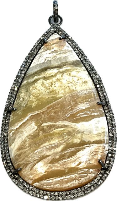 Pendant, Tear Drop Pietersite Stone with Diamond  Bezel &amp; Bail, 2 Ct  Total Diamonds, 3"