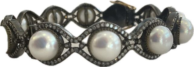 Bangle Large Pearl &amp; Diamond 'Eye' Shapes Sterling w/ 14K closure