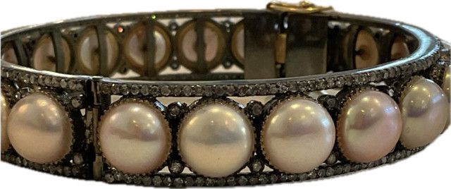 Bangle Large Pearl &amp; Diamond Sterling w/ 14K Gold