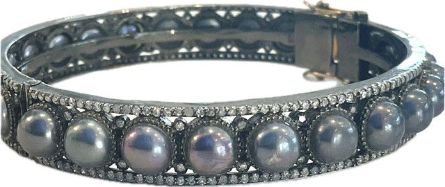 Bangle Black Pearl &amp; Diamond Sterling w/ 14K Closure