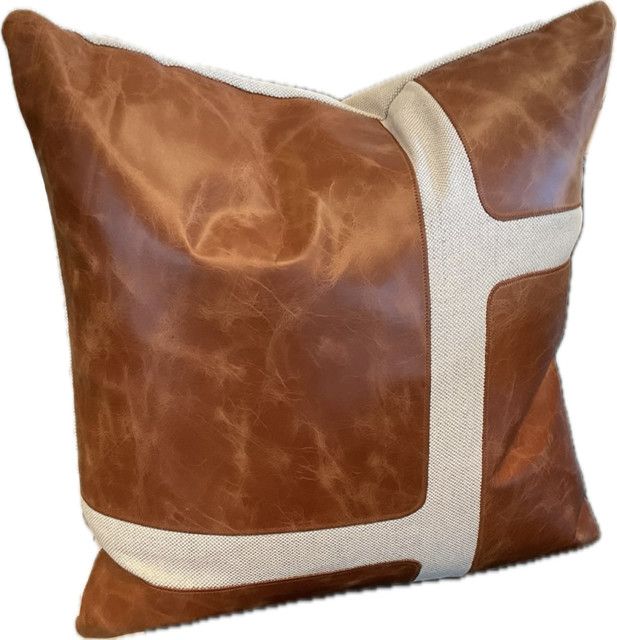 Pillow, Oatmeal with Caramel Color Leather Trim, Down Insert, 22" x 22"