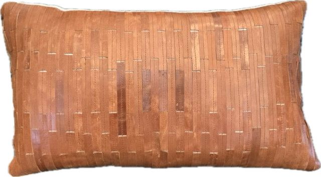 Lumbar Pillow  Stitched Leather Front Fabric Back 20x12
