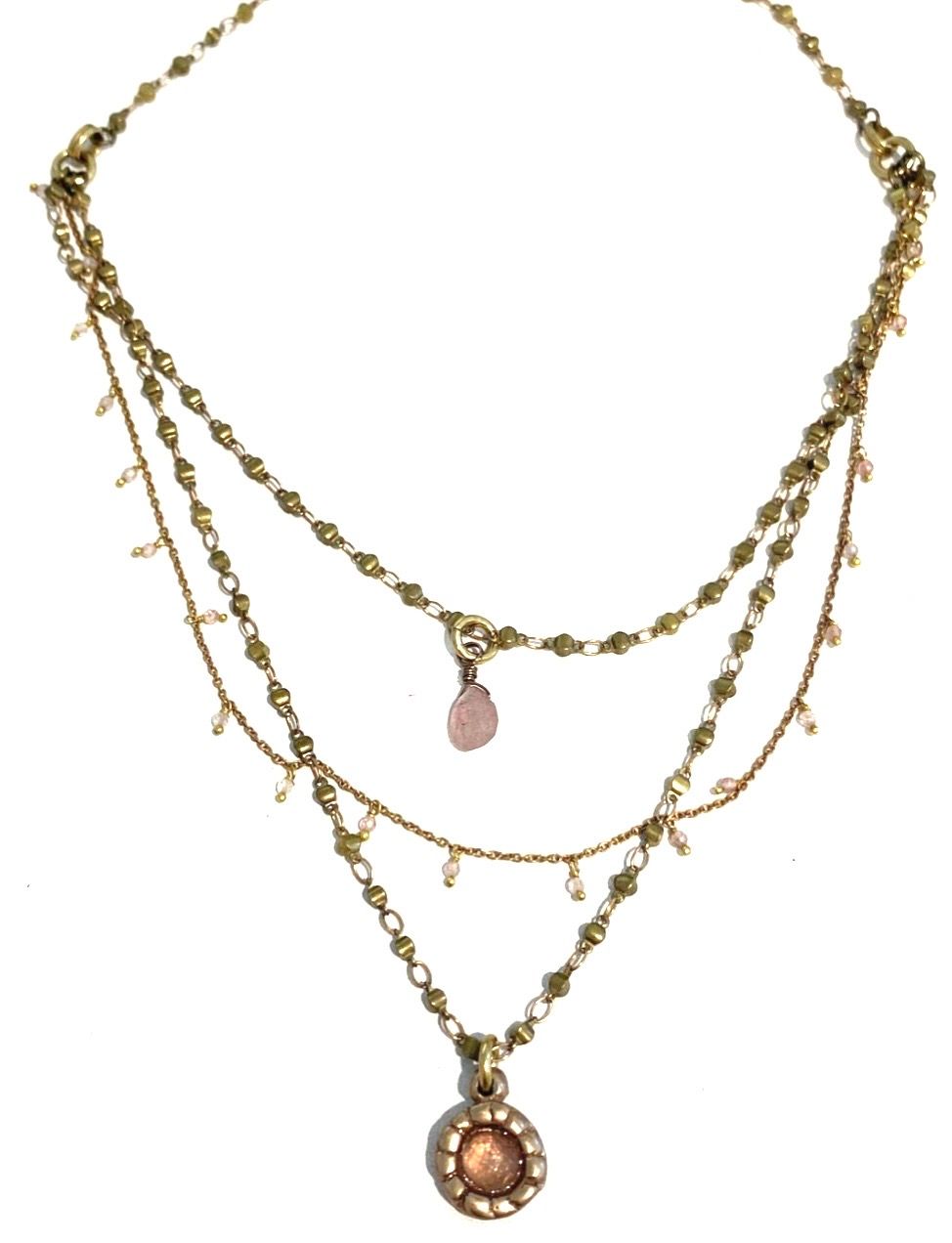Necklace, Triple Strand in Bronze with Strawberry Quartz, 16"