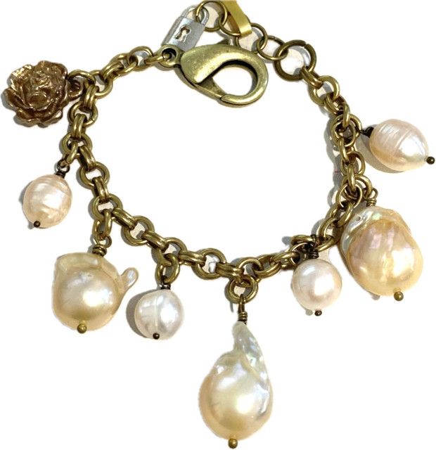 Bracelet, Baroque Pearl and Rose Charms in Bronze