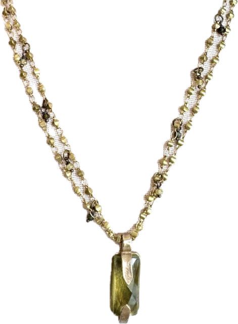 Necklace, Green Rectangle Amethyst and Sapphire Beads, 16" Gold Tone Chain