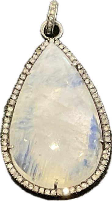 Rainbow Moonstone Pendant with Diamonds in Blackened Sterling Silver