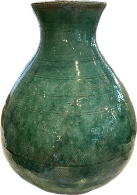 Vase Green Glazed Ribbed Asian Vessels w/ Neck 9”x12
