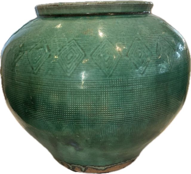 Vase Glazed Green Patterned Asian Vessel Round 11"x9"