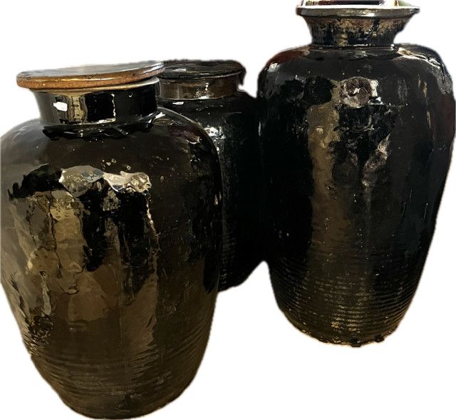 Vintage 1940"s Wine Jar Black Porcelain Glazed w/ Lid 29" x 15", Asian
