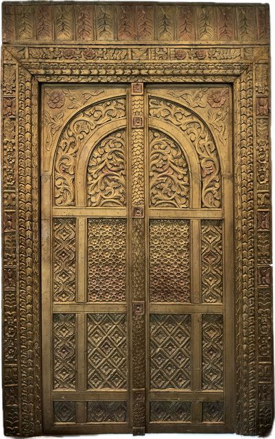Antique Doors, Mid 20C Hand Carved Mango Wood, Stained 58"W x 92.5H