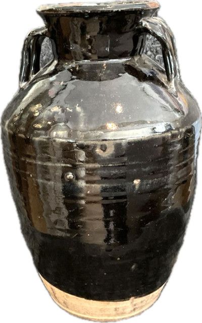 Vtg (80yr) Food Jar Black Glazed W/ Handles 15"
