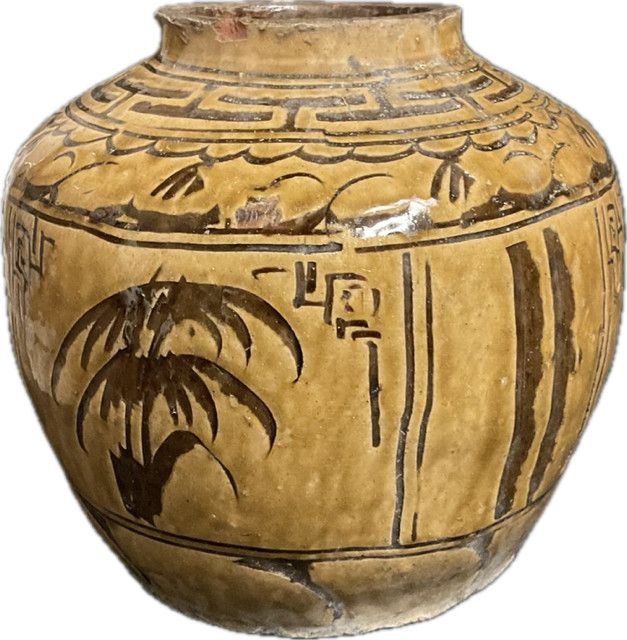 Decorative Ceramic Jar Asian Vtg Lt Brown 9”