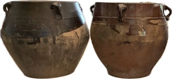 Half &amp; Half Glazed Pot w/Handles Vtg Asian Varied